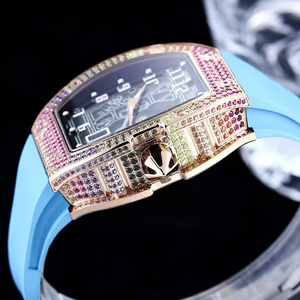 <span class=keywords><strong>Orologio</strong></span> da <span class=keywords><strong>Uomo</strong></span> con Gemme Arcobaleno, Cassa in <span class=keywords><strong>Oro</strong></span> Rosa, Quadrante Scheletrato, Movimento Meccanico Automatico, Cinturino in Gomma Ciano - Product Image 2
