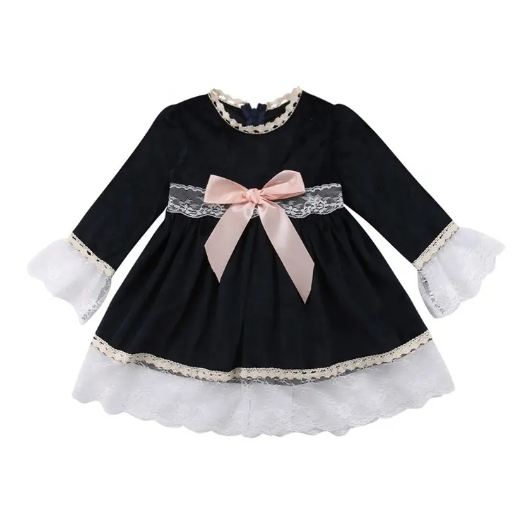 Newborn Baby Girl Clothes Bow Outfit Party Princess Dresses Kids Fall Long Sleeve Girls Fashion Cotton Lace Dress