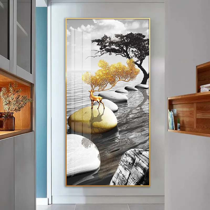 Golden deer rock and tree painting luxury wall art for home decor picture print on canvas and poster seascape