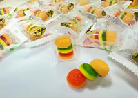 Gummies en forme de hamburger, certifiées Halal et HACCP, en gélatine, aux couleurs vives et aux saveurs fruitées, personnalisables avec logo, disponibles en vrac (boîte/sac)
