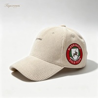 Gorras de Béisbol Personalizadas al por Mayor, OEM, ODM, Bordadas, de Pana, Estilo Dad Hat, Color Crema, 6 Paneles, Cierre a Presión, Parche Lateral, Vintage, Retro, Unisex