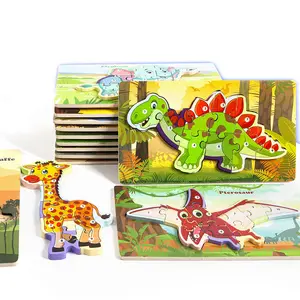 Eco-friendly Heat Transfer Printing 3D Dinosaur Educational Toy Baby Cute Wooden Puzzle Animal