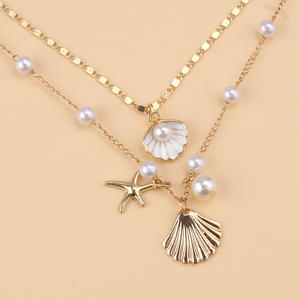 Conjunto de collar en capas con colgante de concha y estrella de mar, cadena de perlas sintéticas, joyería de fiesta para mujer, aleación de zinc, tema oceánico - Product Image 4