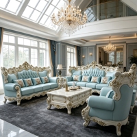 Ensemble de canapés en bois massif sculpté de style baroque français, canapé en cuir véritable doré pour salon de villa, vente en gros OEM ODM