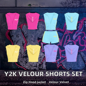 Y2K Velour Women's Above Knee Breathable <b>Shorts</b> Set Casual <b>Velvet</b> Streetwear Zip Hooded Jacket 2 Piece Tracksuit Set - Product Image 2
