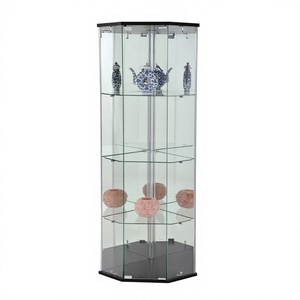Hexagon Glass Display Cabinet With Tiered Shelves Black Base <b>Led</b> <b>Lighting</b> For Home Decor Exhibition Use - Product Image 1