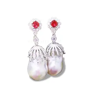 Vintage 925 Silver Ruby Stud Earring Large Baroque Pearl Earrings for Women Wedding