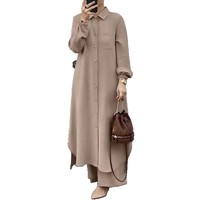 Ensemble Abaya Islamique Modeste Deux Pièces en Non-Tissé pour Femme, Chemise Tunique Boutonnée à Motif Patchwork et Pantalon Large Décontracté Coupe Ample