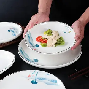 Custom Round White Unbreakable Tableware Lotus Leaf And Dragonfly Painting Melamine Plates For Chinese Restaurant