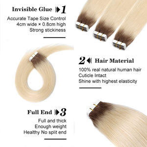 Extensiones de cabello Ombre Cinta 16 pulgadas Balayage Extensiones de cabello ligero Real en cabello humano Marrón a rubio Ceniza con rubio platino - Product Image 2