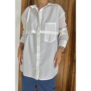 Camisa Blanca de Popelina con Botones para Mujer, Blusa Minimalista con Paneles, Estilo Casual, Manga Larga, Corte Holgado - Product Image 2