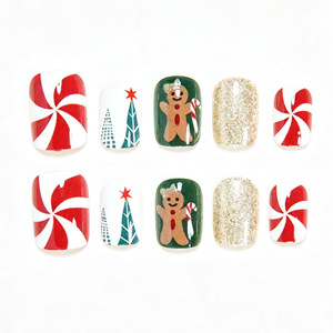 Uñas postizas cuadradas cortas de moda transfronteriza para Navidad, con diseño de dibujos animados de árbol de jengibre y purpurina, venta al por mayor - Product Image 4