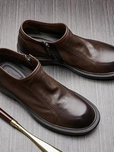 Bottes Chelsea vintage britanniques en cuir véritable pour hommes, fermeture éclair, semelle souple respirante, hauteur cheville, doublure polaire givrée pour l'hiver - Product Image 4