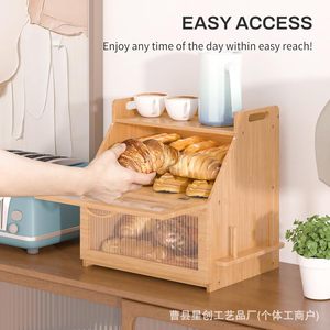 Boîte à pain double couche en bambou avec porte-couteau, couvercle rabattable, couleur bois naturel, grande capacité, armoire de rangement pour la cuisine - Product Image 3