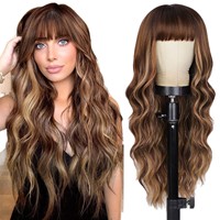 Perruque synthétique longue ondulée à franges complètes, marron miel blond ombré, résistante à la chaleur, pour femmes, usage quotidien