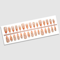 30 faux ongles à presser, forme amande, nude, orange ombré, motif floral doré, avec lime à ongles, vente en gros, dropshipping