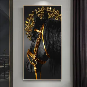 Affiche de cheval noir doré 1 pièce, décor mural d'animal, imprimés de toile