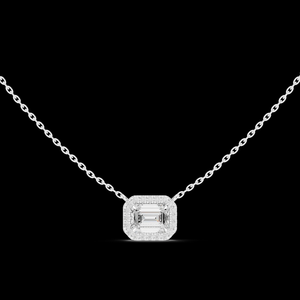 Pendentif en diamant taille émeraude halo en or rose, chaîne à maillons plaquée or en argent sterling, design étincelant, bijoux élégants et luxueux - Product Image 3