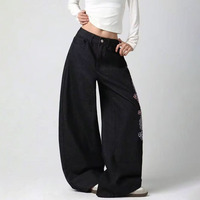 Pantalon en jean large brodé motif dragon style rétro américain – Noir, taille haute, longueur ras du sol