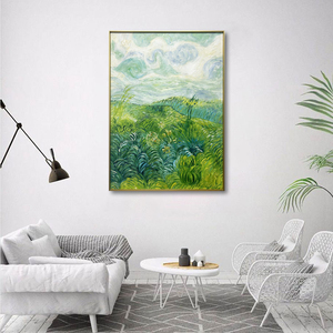 Pintura al óleo impresionista, lienzo de pradera verde, arte de pared impreso por Arte Giclee Floral envuelto para comedor - Product Image 1