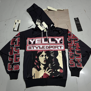 Sweat à capuche personnalisé avec fermeture éclair, broderie délavée à paillettes de pierres précieuses, imprimé vintage, effet vieilli, délavé à l'acide, avec strass - Product Image 2
