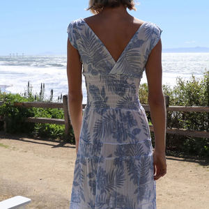 Custom-designed beach-themed Sky Palm print deep V-neck pleated waist Midi <b>Dress</b> cover-up gauze <b>dress</b> - Product Image 3