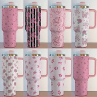 Gobelet isotherme pour voiture 40oz en acier inoxydable, rose à petites fleurs, avec poignée et paille, design moderne et minimaliste, idéal comme gobelet cadeau, pour le marché international