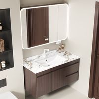 Set Perlengkapan Kamar Mandi Modern dari Aluminium yang Dipasang di Dinding, Dilengkapi Cermin LED Pintar, Kabinet Penyimpanan, dan Wastafel Keramik untuk Penggunaan di Ruang Tamu, Ruang Makan, dan Hotel