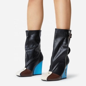 New <b>Block</b> Heel Square Toe Women Ankle Boots Side Zipper Color Matching Mixed Color Belt Buckle Short Booties Ladies Pumps Shoes - Product Image 2