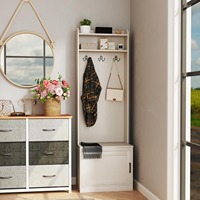 Entrée en bois rustique Hall étroit Arbre Porte-manteau Banc de rangement pour chaussures avec étagères et crochets pour couloir Utilisation du vestiaire