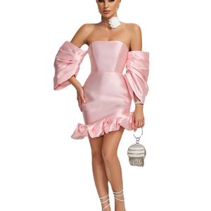Robe de cocktail rose pour femme, tendance été, design de créateur, sans bretelles, manches bouffantes, asymétrique, élégante, courte - Product Image 2