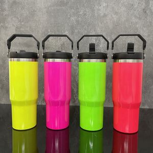Bouteille d'eau isotherme à couvercle rabattable et paille, 30 oz, couleurs néon, vierge pour sublimation, avec système anti-fuite, entrepôt USA - Product Image 1