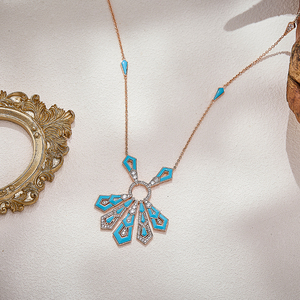 Kalung Panjang Wanita Bentuk Kipas Berbahan Kuningan Retro <span class=keywords><strong>Art</strong></span> <span class=keywords><strong>Deco</strong></span> Warna Biru Turquoise Putih MOP Malachite dengan Zirkonia, Laris di Dubai - Product Image 4