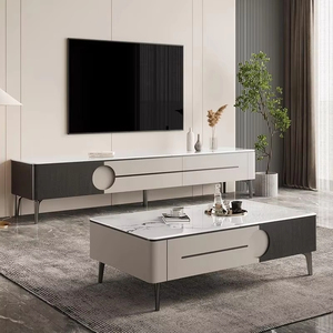 Ensemble table basse et meuble TV moderne, armoire de rangement bicolore avec décor rond évidé, mobilier de salon minimaliste - Product Image 6