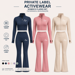 Ensemble de vêtements de sport 2 pièces pour femme, rose marine, avec logo personnalisé : Leggings évasés taille haute <span class=keywords><strong>style</strong></span> yoga et veste courte zippée - Product Image 1