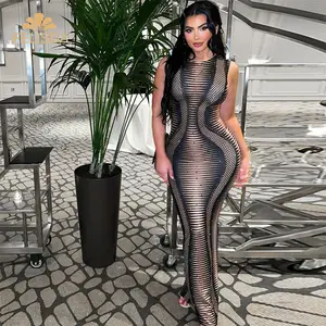 Maxi abiti Sexy estivi donna 2023 abito da sera con stampa senza maniche abito lungo aderente da donna con grafica nera da donna