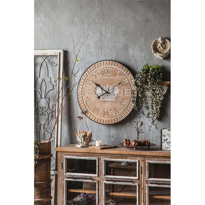 Relógio de parede decorativo vintage, relógio nórdico para sala de estar, decoração retrô, numeral romano, arte em madeira, redondo