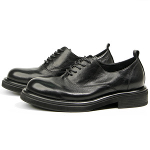 Chaussures en cuir pour hommes, bout rond, marron foncé, en cuir véritable, faites à la main, style vintage, semelle épaisse, plateforme, décontractées, style britannique, robustes - Product Image 4
