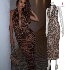 L0868-Ingrosso Elegante Abito Lungo Aderente con Paillettes Leopardate e Scollo a V per Donna, Vestito da Sera per Feste - Product Image 1