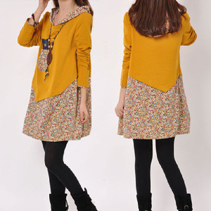 Casual Dress Women Long Sleeve V Neck Asymmetric Splicing Loose Waist Plus Size Korean Style Leisure Wear 9347 - Product Image 1