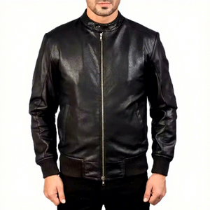 <b>Mens</b> Real Black <b>Leather</b> Bomber <b>Jacket</b> Snake Pattern Snap Collar Zip Front Sheepskin Coat Custom Textured Cafe Racer Outerwear - Product Image 1