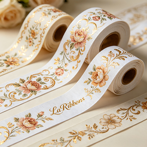 Ruban en satin imprimé avec motif botanique personnalisé et estampage à chaud doré, ruban d'emballage de luxe haut de gamme, fabrication en usine - Product Image 6