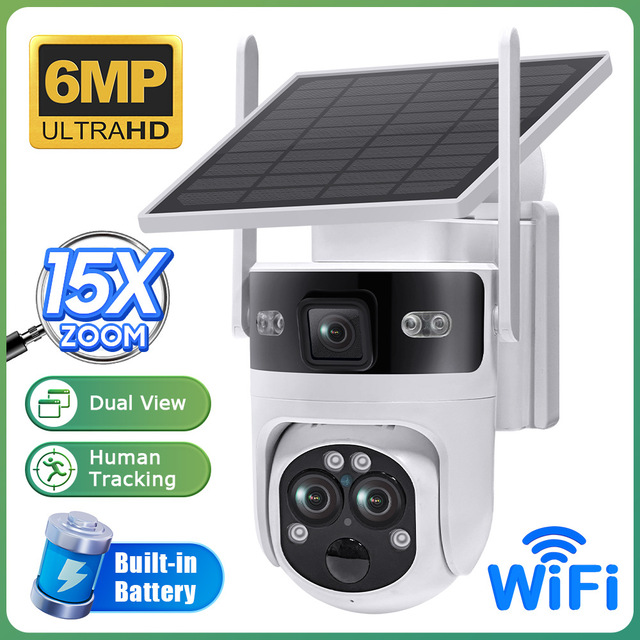 Triple Lens PTZ Security Camera 15X Zoom 6MP HD Outdoor Waterproof Camera with Dual Screen Night Vision