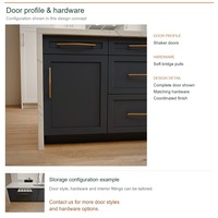 Meuble de cuisine en PVC thermoformé avec portes encadrées, aménagement en îlot, dimensions personnalisées, unités modulaires et tiroirs à fermeture amortie