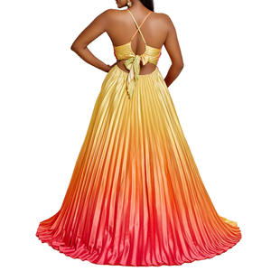 Venta caliente verano Mujer cuello profundo Sexy espalda descubierta Slip vestido gradiente plisado fiesta de noche Vestidos largos - Product Image 3