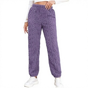 Cozy Purple Knitted Sleep Bottoms for Women Full Length Elastic Waist Soft Winter Loungewear Pants Adult Loose Fit - Product Image 4