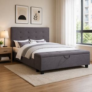 <span class=keywords><strong>Lit</strong></span> plateforme rembourré en lin gris avec repose-pieds ottoman de rangement, tête de <span class=keywords><strong>lit</strong></span> capitonnée, meubles de chambre à coucher, aucun sommier tapissier nécessaire - Product Image 1
