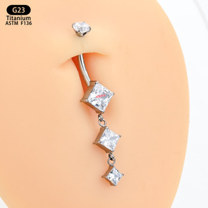 Piercing de nombril géométrique carré en zircon avec pampille, en alliage de titane F136, 10 mm, bijou corporel pour piercing - Product Image 3
