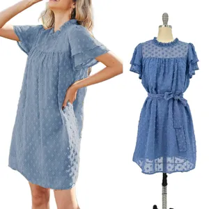 थोक शिफॉन ड्रेस ग्रीष्मकालीन महिला लंबी आस्तीन डॉट प्रिंट टी-शर्ट पोशाक कैजुअल महिला मिनी कपड़े