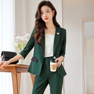 Women's Green Suit Set Three Quarter Sleeve Mid Length Satin Office Lady Business Commute Anti Wrinkle Two Piece Dress With - Product Image 4